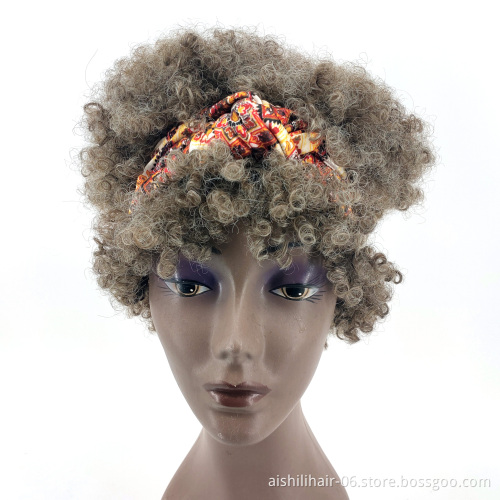 Short Headband Wig Afro Wave  Synthetic Wigs with Brown Mix White Hair for women